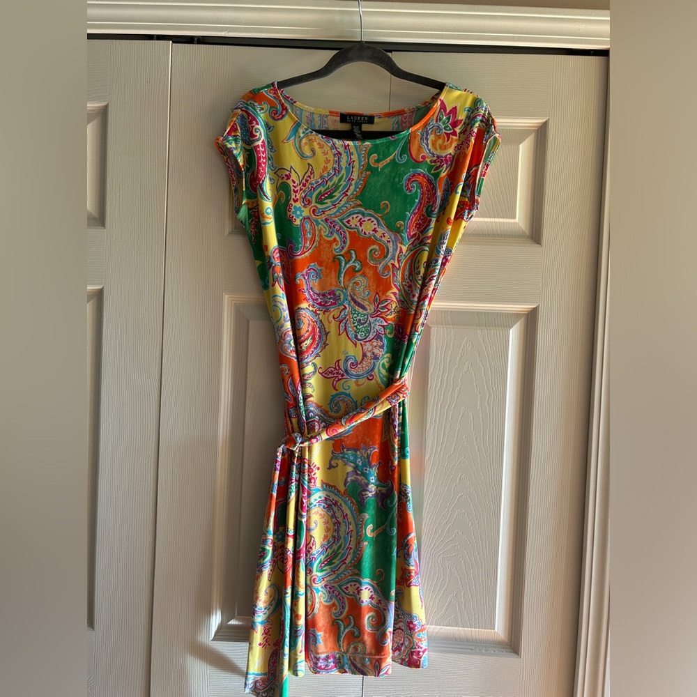 Lauren Ralph Lauren Paisley Multicolor Cap Short Sleeve Belted Dress Size M